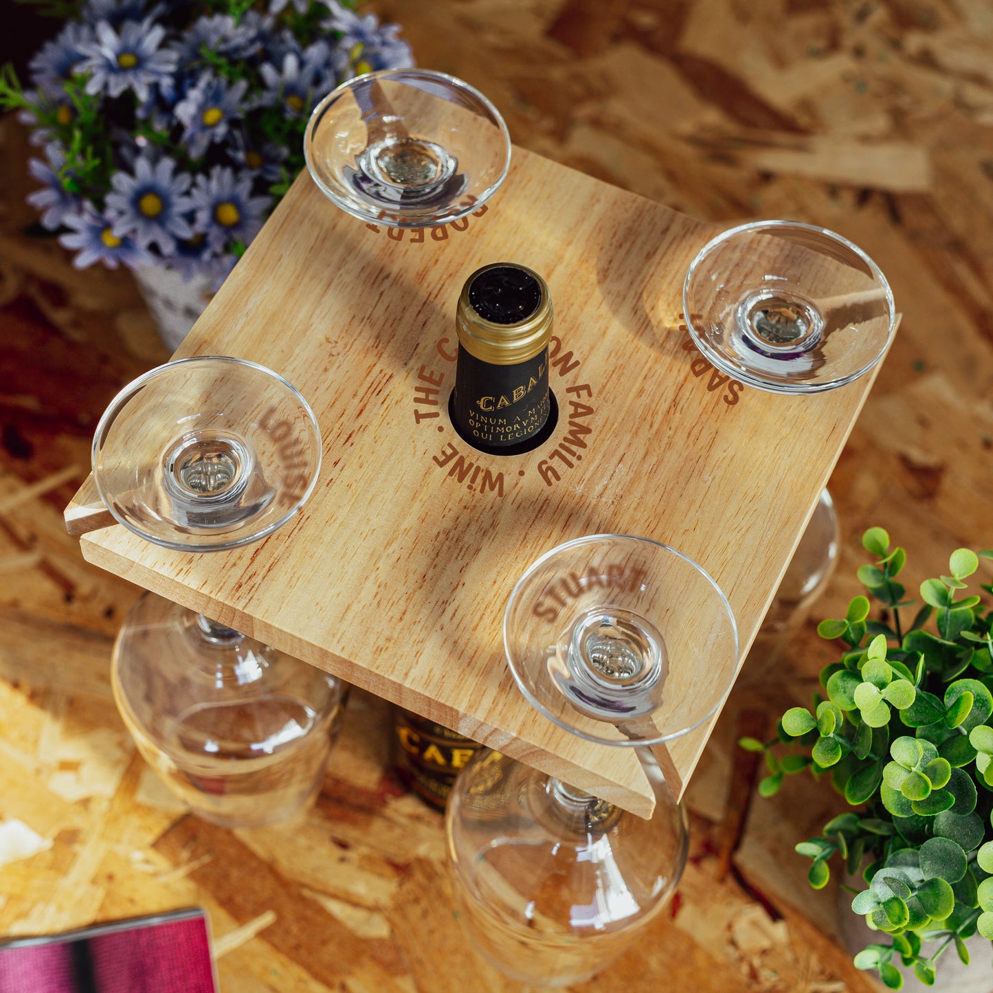 Engraved Wooden Wine Glass Holder – 4 Glass Butler Caddy with Names - Always Looking Good - - Family Names With Glasses