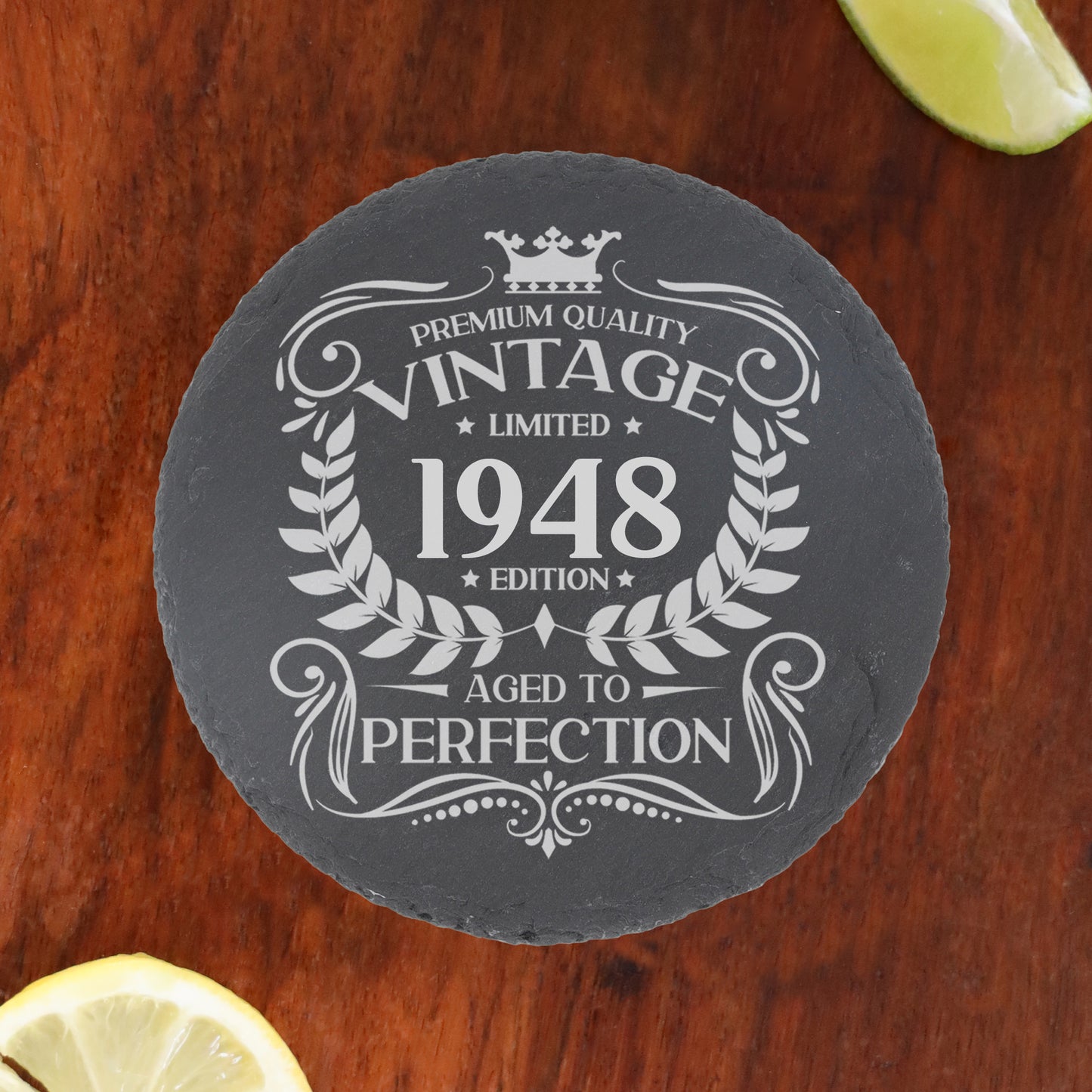 Vintage Any Year All Ages Engraved Birthday Stemless Gin Glass and/or Coaster Set - Always Looking Good -