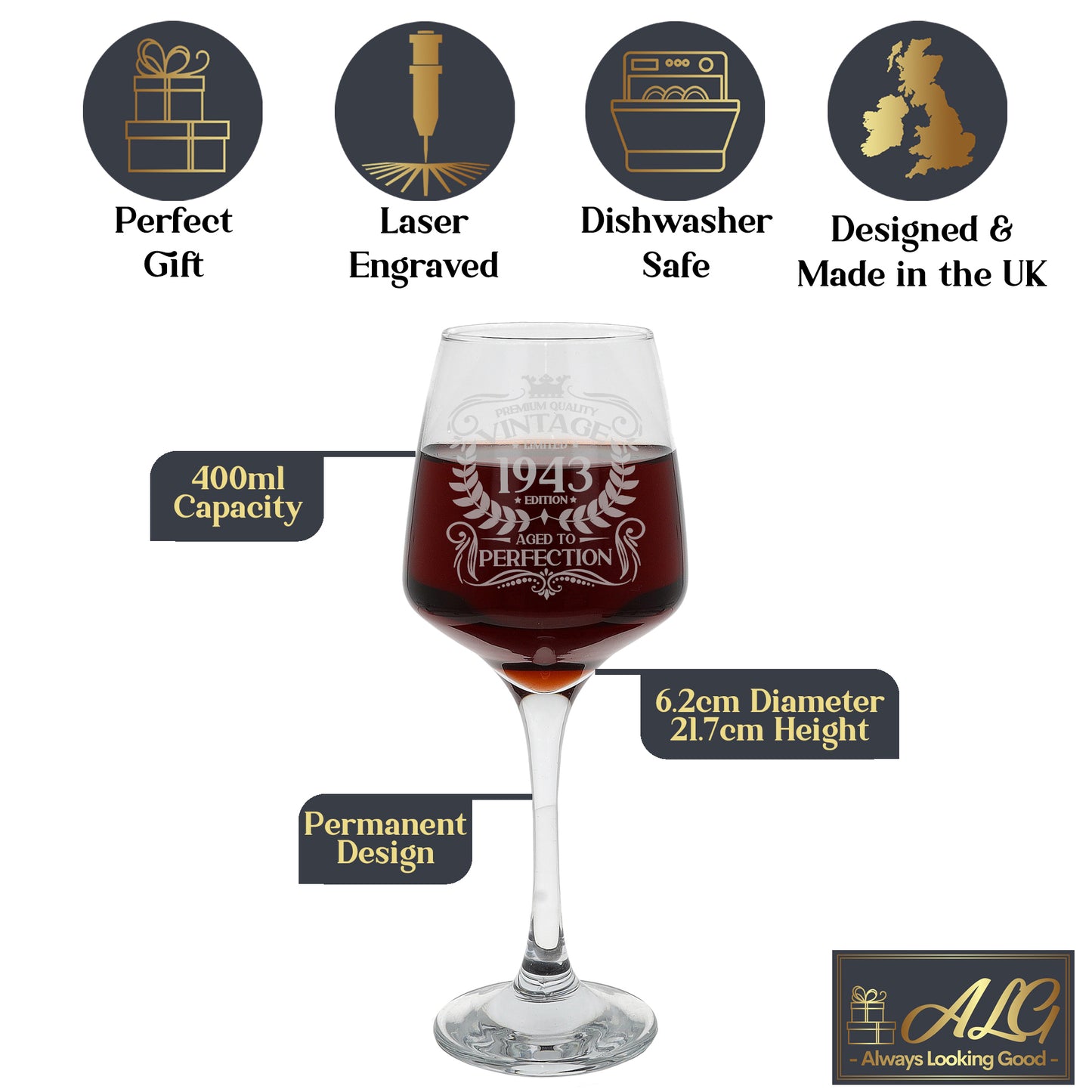 Vintage Any Year Birthday All Ages Engraved Wine Glass and/or Coaster Set - Always Looking Good -