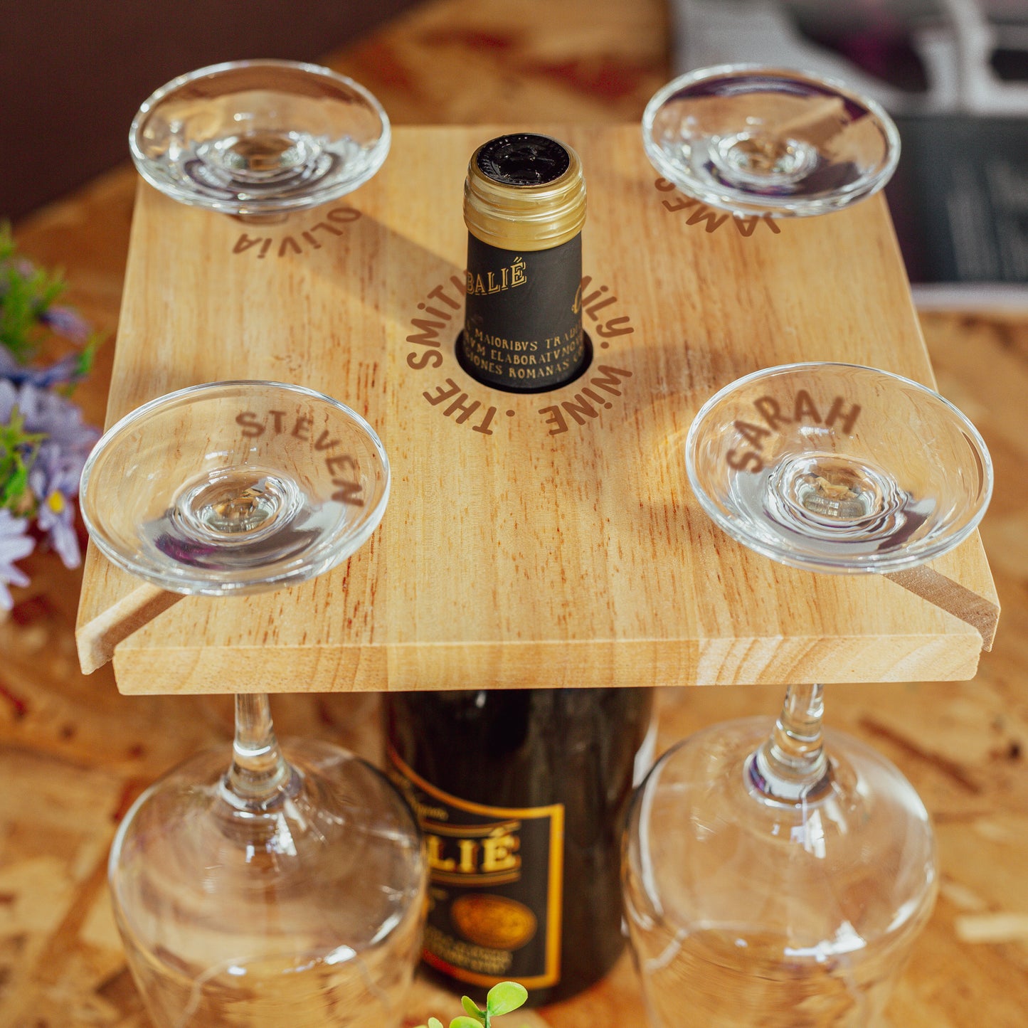 Engraved Wooden Wine Glass Holder – 4 Glass Butler Caddy with Names - Always Looking Good - - Always Looking Good -