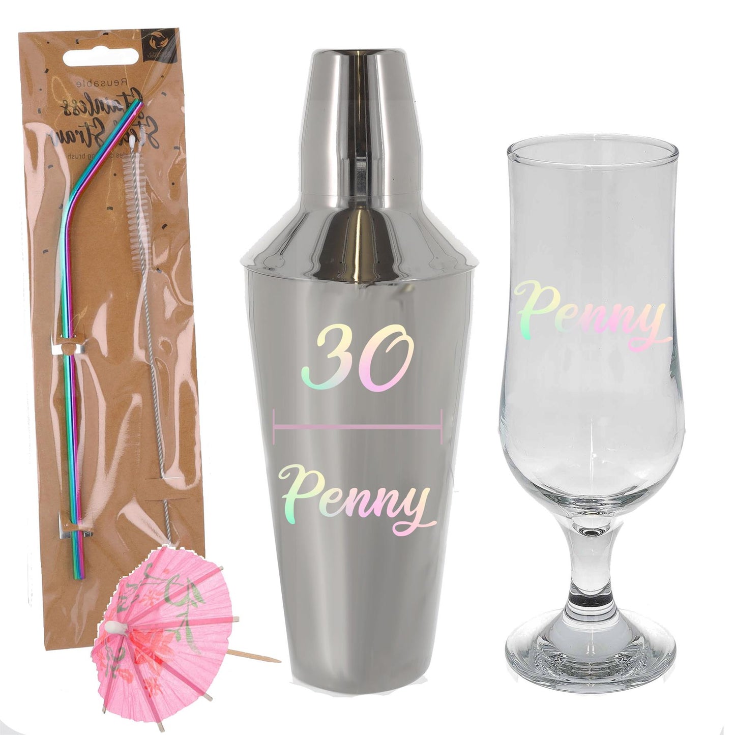 Personalised 30th Birthday Cocktail Shaker & Pina Colada Glass Gift Set - Always Looking Good - Full Set