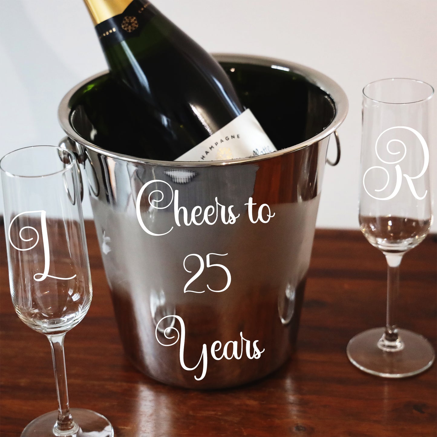 Personalised Silver Wedding Anniversary Ice Bucket With Matching Champagne Glasses - Always Looking Good -
