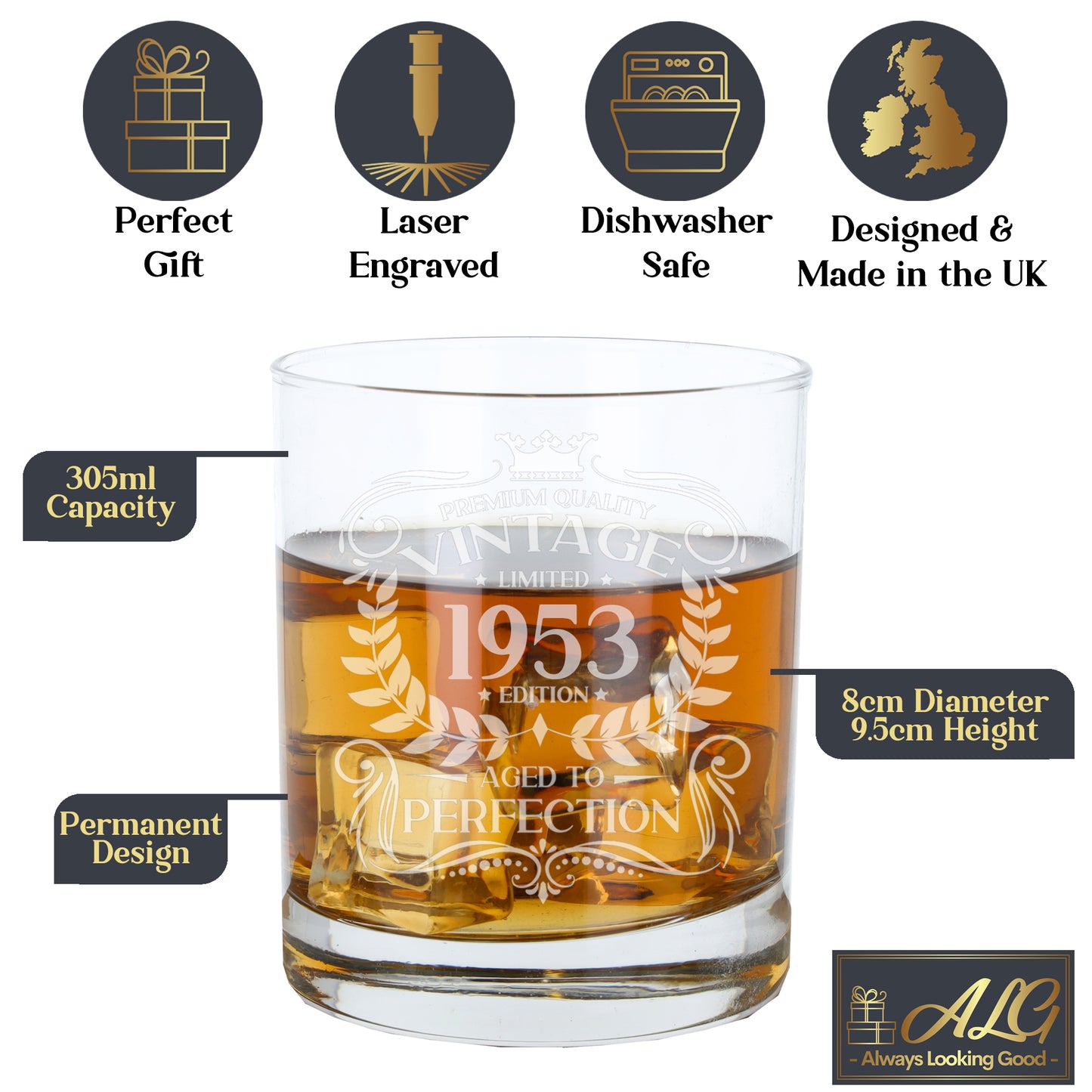 Vintage Any Year All Ages Engraved Birthday Whisky Glass and/or Coaster Set - Always Looking Good -