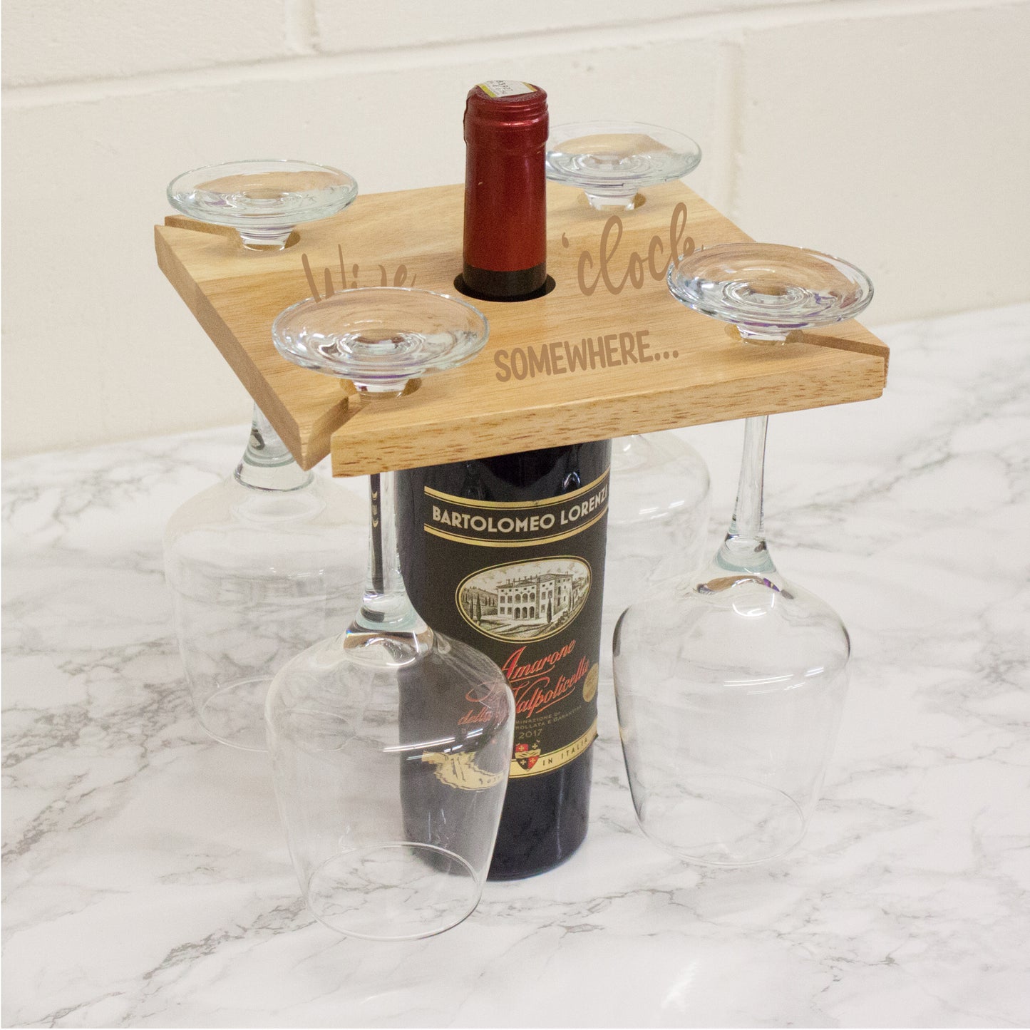 Engraved Personalised "Wine O'Clock" Wooden 2 or 4 Wine Glass Butler Caddy - Always Looking Good -