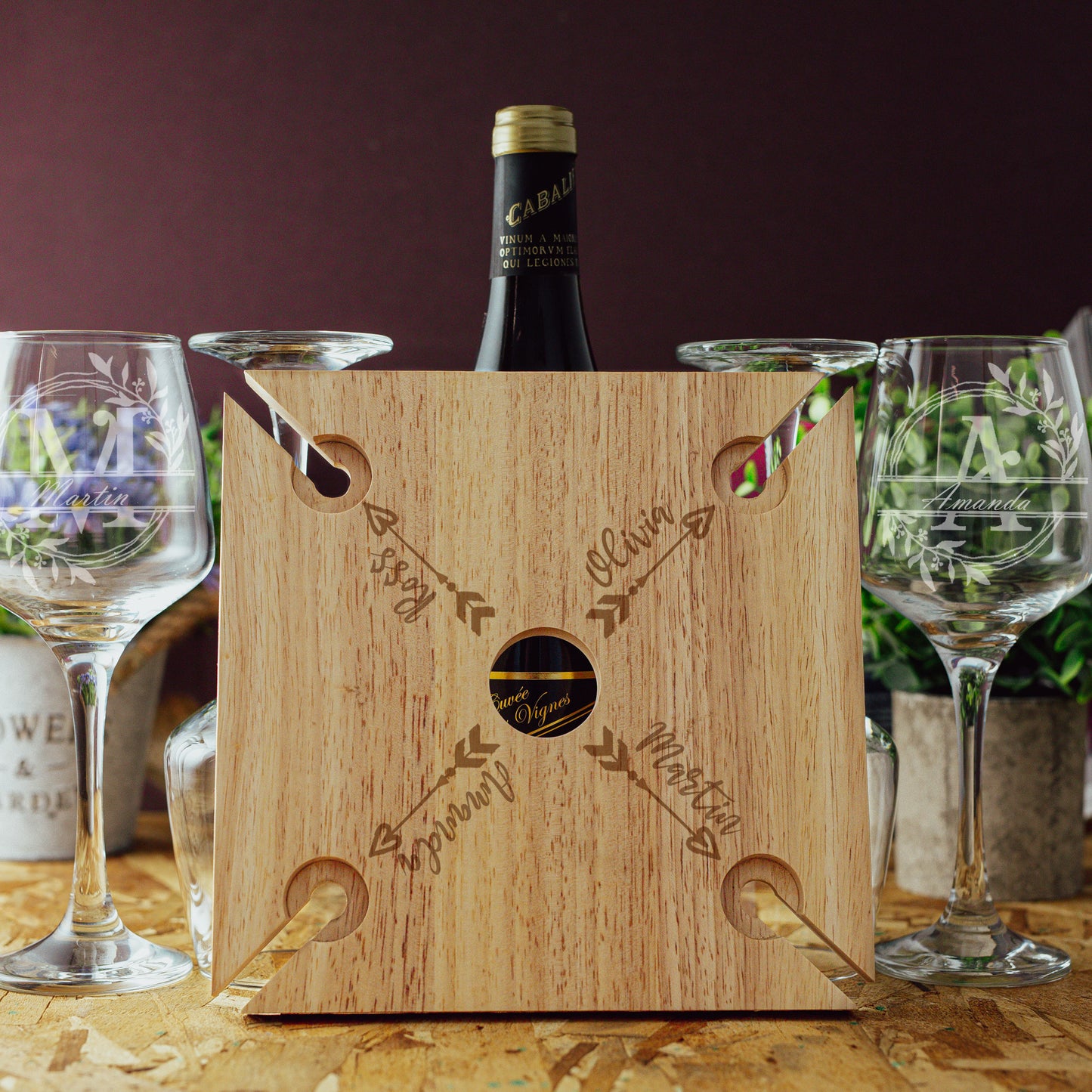 Engraved Wooden Wine Glass Holder – 4 Glass Butler Caddy with Names - Always Looking Good -