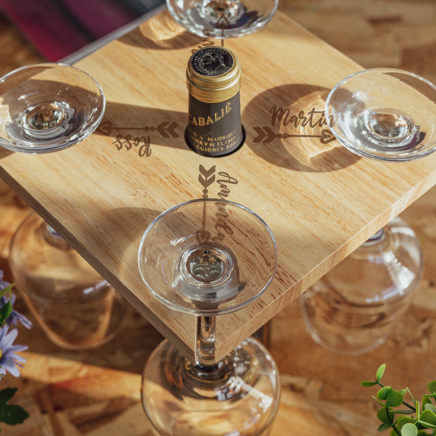 Engraved Wooden Wine Glass Holder – 4 Glass Butler Caddy with Names - Always Looking Good -