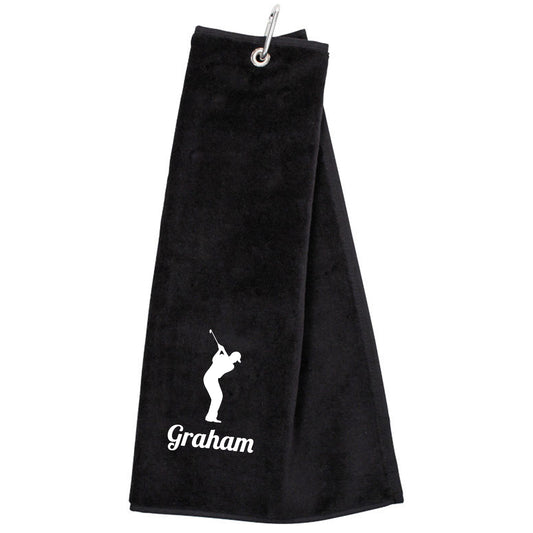 Personalised Embroidered Tri Fold GOLF Towel Trifold Towel with Carabiner Clip  - Always Looking Good - Black