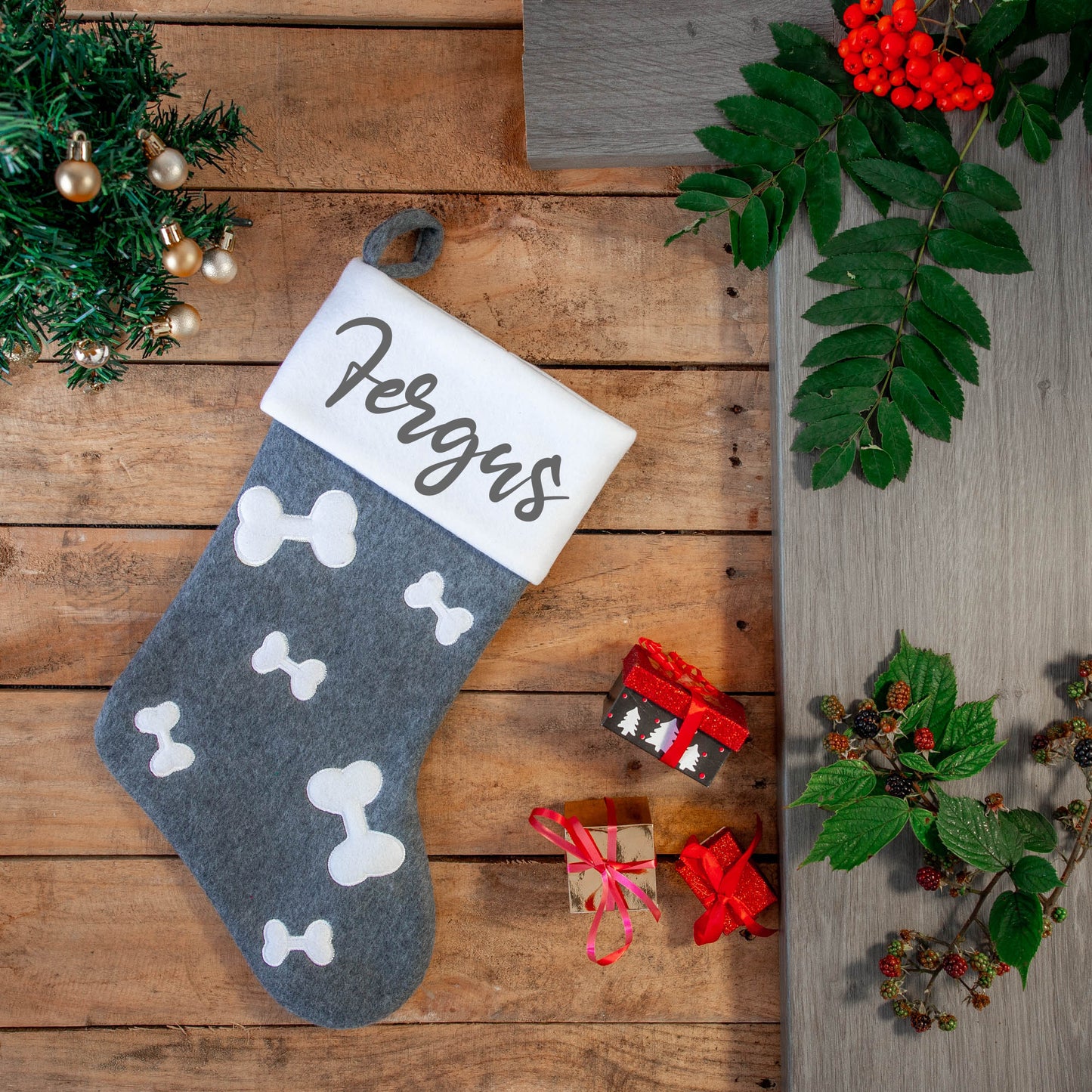 Personalised Embroidered Dog RED or GREY Christmas Stocking - Always Looking Good -
