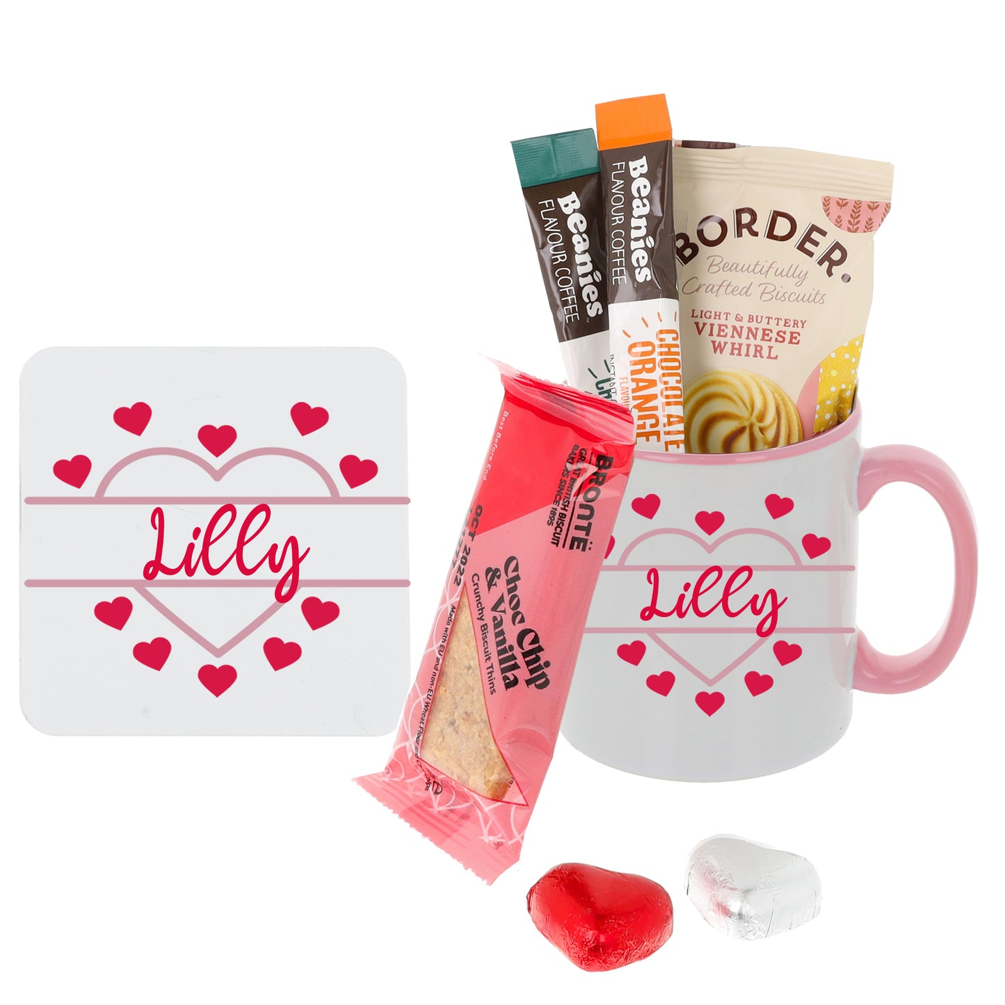 Personalised Pink Heart Design Mug and Coaster with Treats - Always Looking Good - Coffee Filled Set