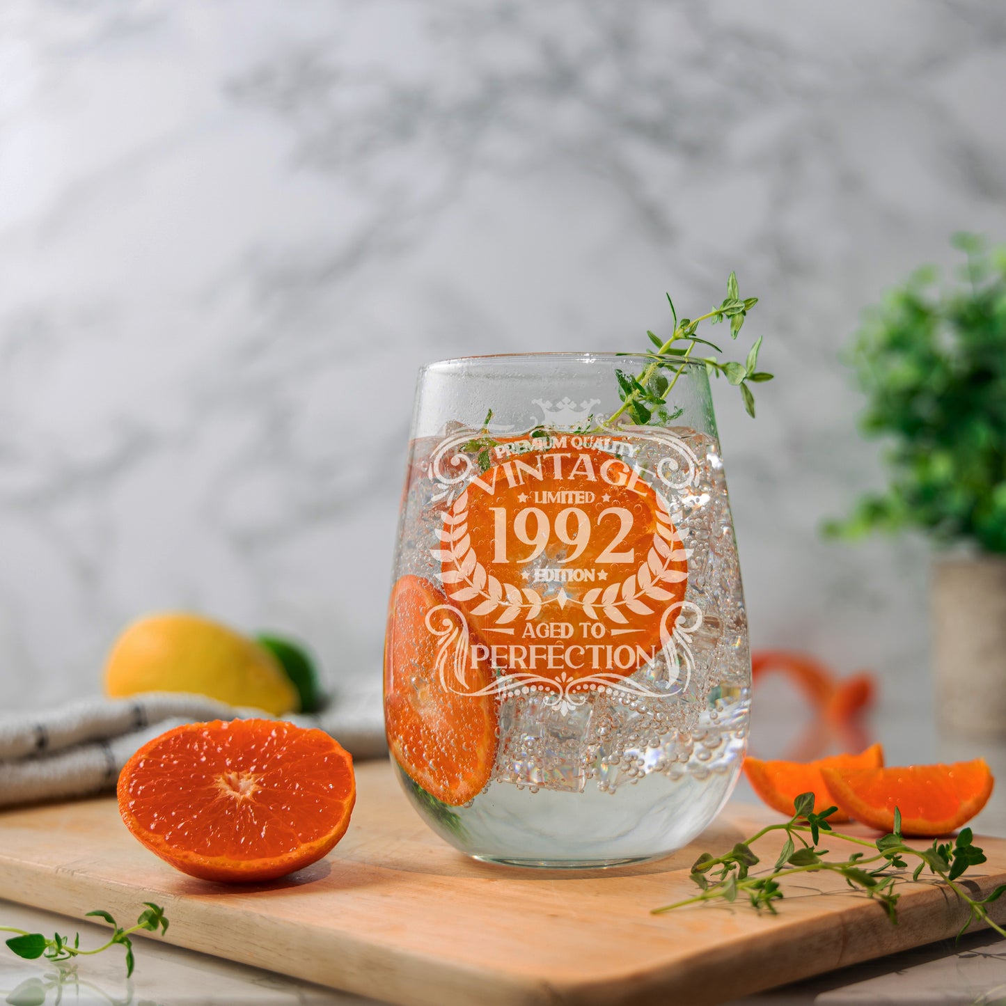 Vintage Any Year All Ages Engraved Birthday Stemless Gin Glass and/or Coaster Set - Always Looking Good -