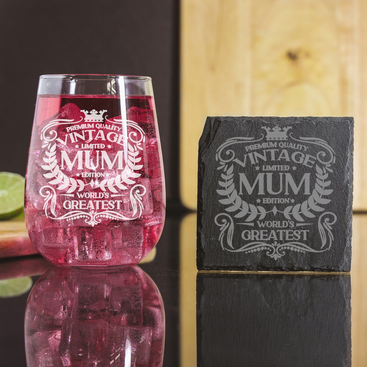 Vintage World's Greatest Mum Engraved Stemless Gin Glass Gift - Always Looking Good - Glass & Square Coaster
