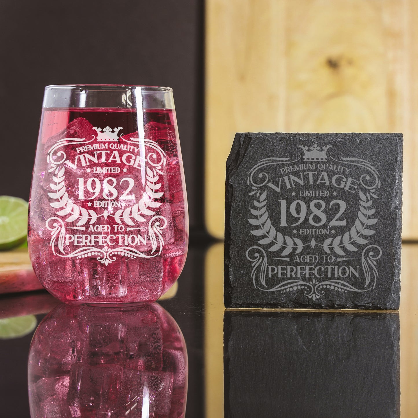 Vintage Any Year All Ages Engraved Birthday Gin Glass and/or Coaster Set- Always Looking Good - - Glass & Square Coaster