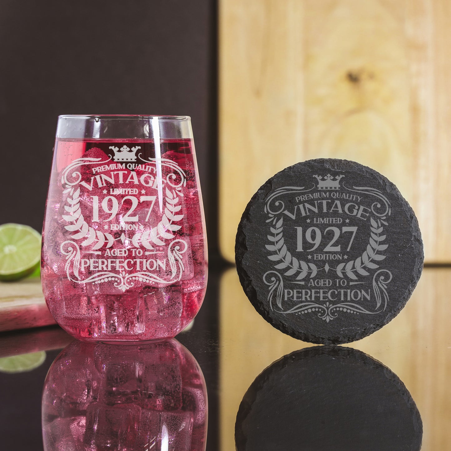 Vintage Any Year All Ages Engraved Birthday Stemless Gin Glass and/or Coaster Set - Always Looking Good -