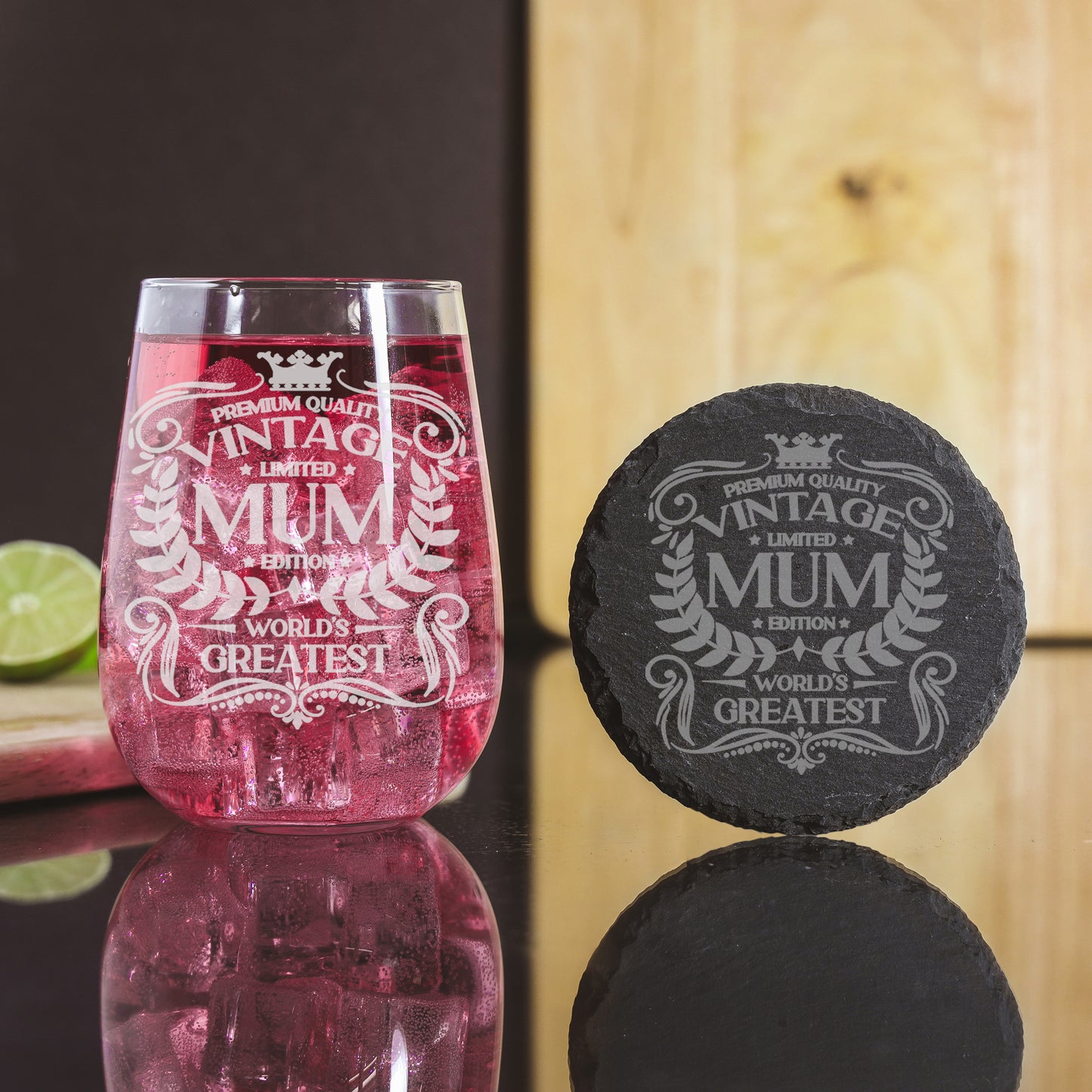 Vintage World's Greatest Mum Engraved Stemless Gin Glass Gift - Always Looking Good - Glass & Round Coaster