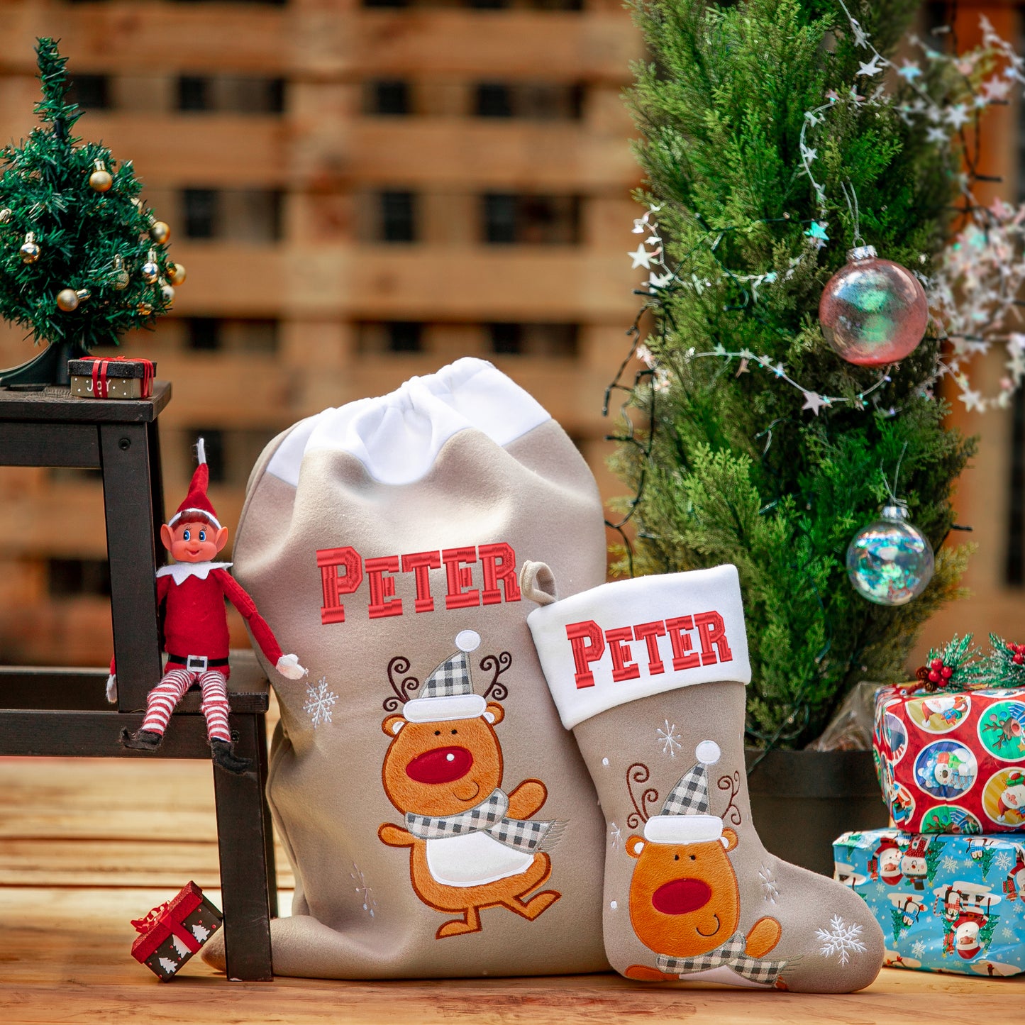 Personalised Embroidered Grey Christmas Large Santa Sack and Stocking Set - Always Looking Good -