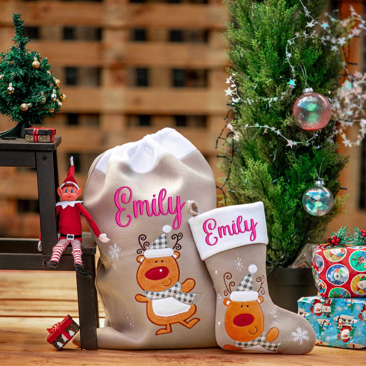 Personalised Embroidered Grey Christmas Large Santa Sack and Stocking Set - Always Looking Good -