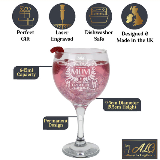 Vintage World's Greatest Mum Engraved Gin Glass Gift  - Always Looking Good -