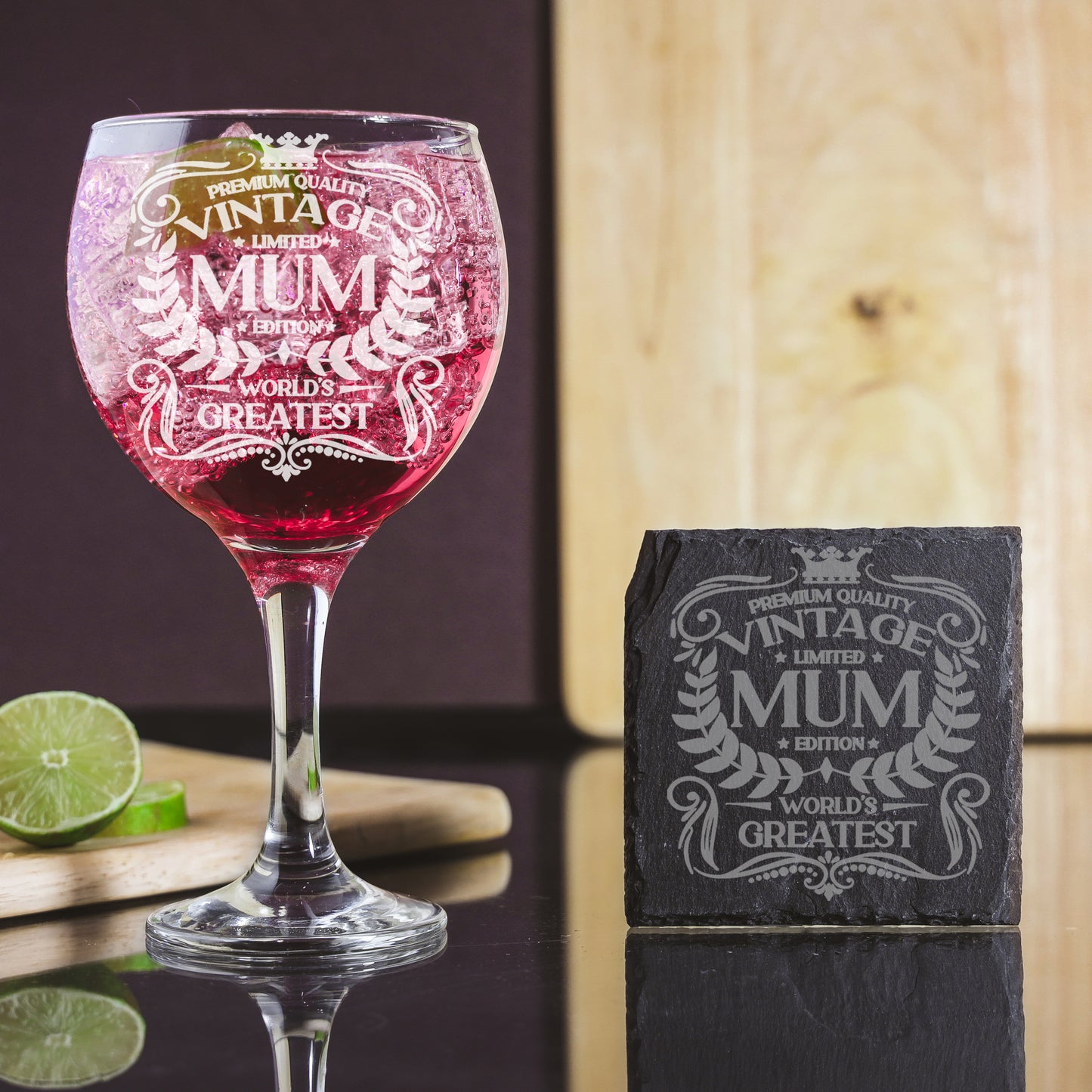 Vintage World's Greatest Mum Engraved Gin Glass Gift - Always Looking Good - Glass & Square Coaster