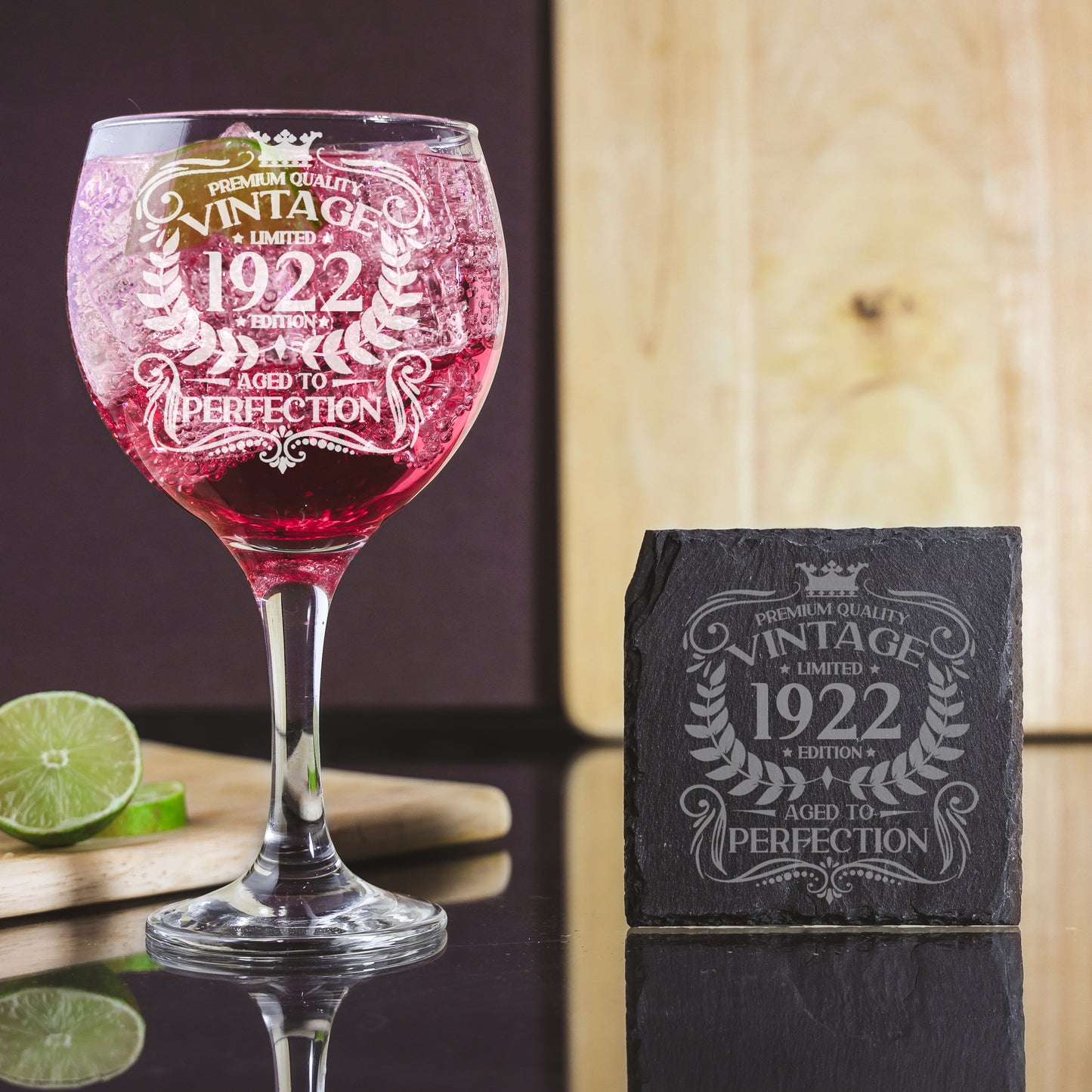 Milestone Birthday Gift - Vintage Engraved Personalised Gin Glass and/or Coaster Set - Always Looking Good -