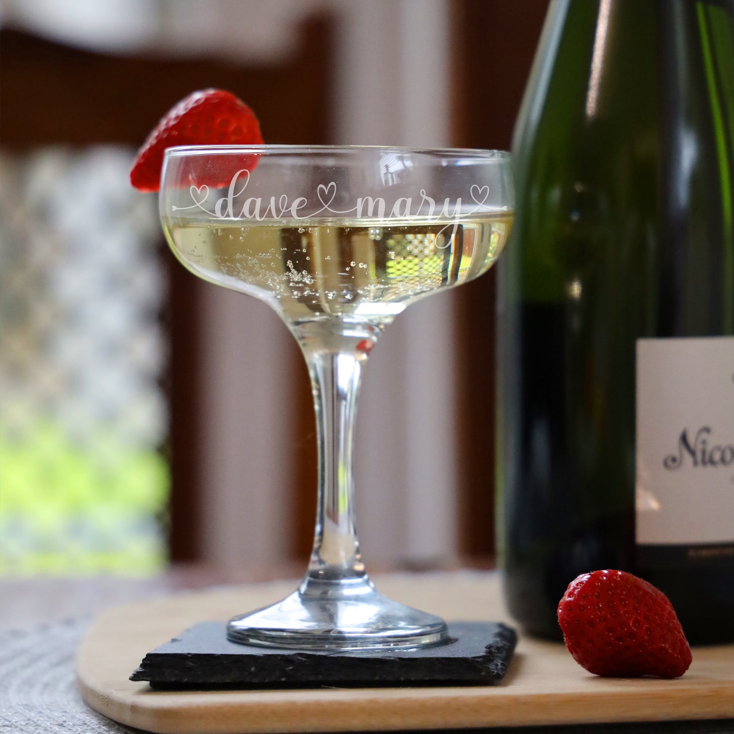 Personalised Engraved Heart and Name Champagne Saucer - Always Looking Good - One Glass
