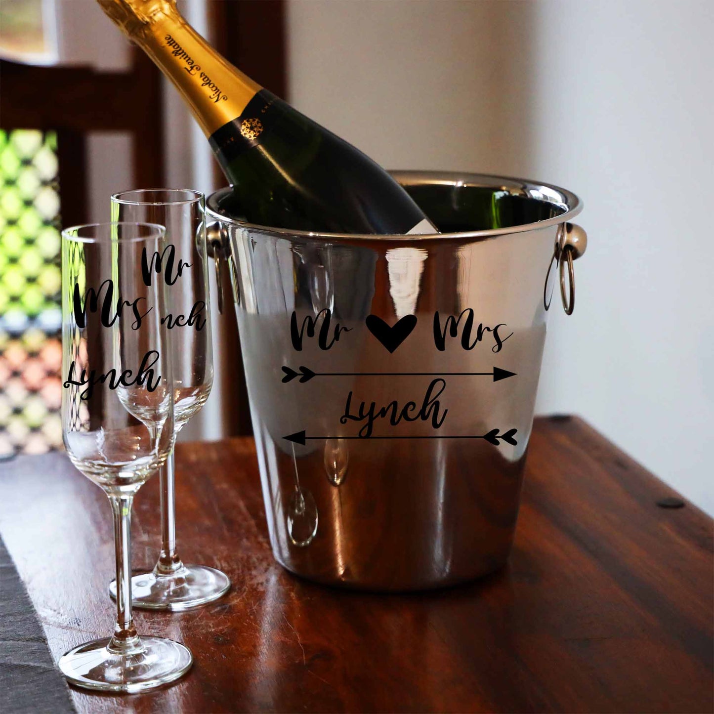 Personalised Mr & Mrs/ Mr & Mr / Mrs & Mrs Ice Bucket With matching Champagne Glasses - Always Looking Good - Ice Bucket With Matching Glasses
