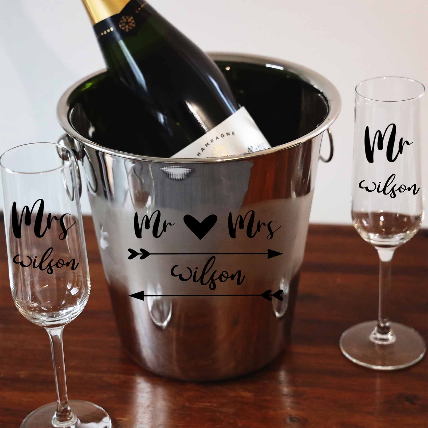 Personalised Mr & Mrs/ Mr & Mr / Mrs & Mrs Ice Bucket With matching Champagne Glasses - Always Looking Good -