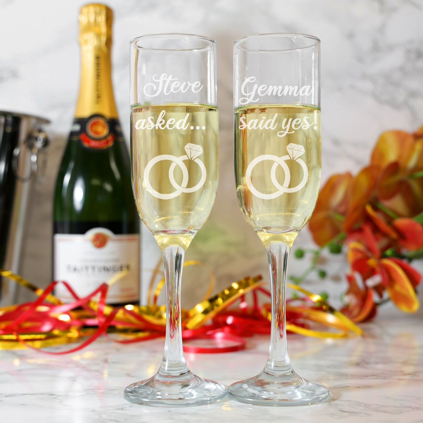 Personalised Engraved Engagement Champagne Flute Glass Set "Asked...Said Yes..." - Always Looking Good -