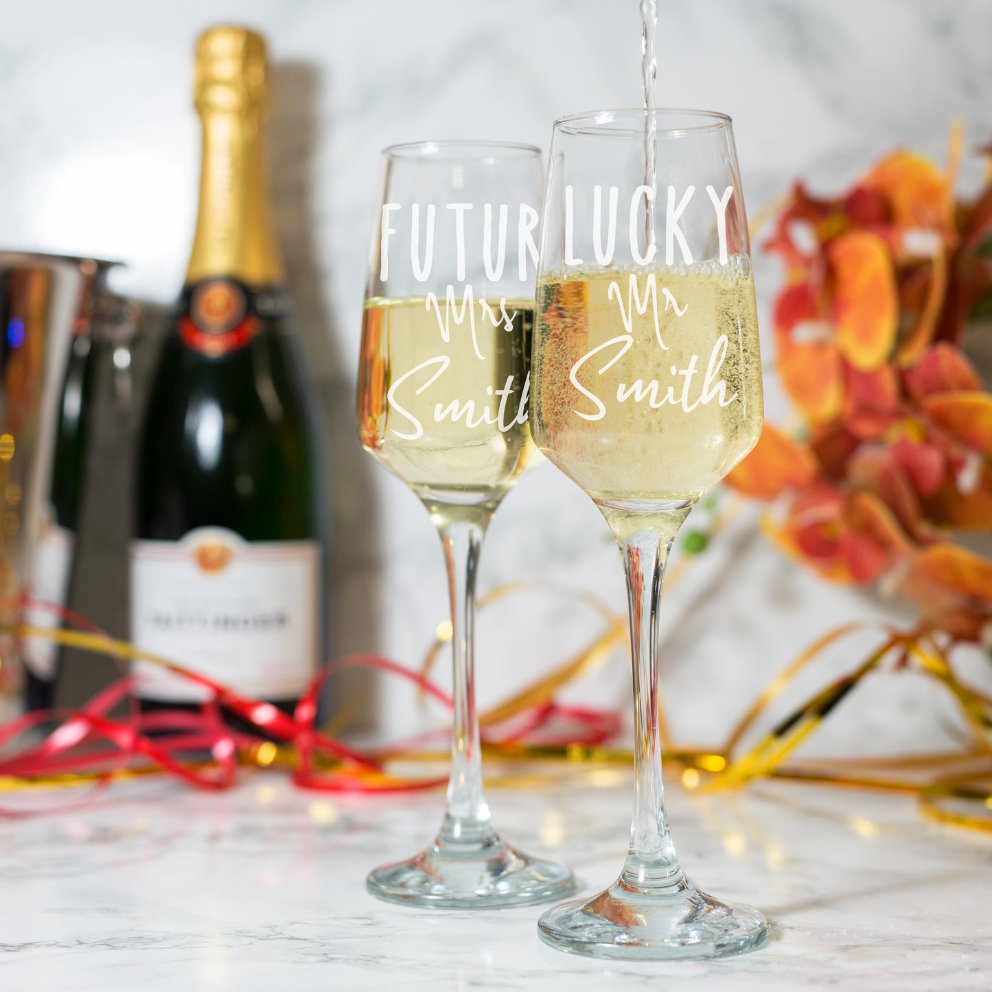 Personalised Engraved Future Mrs/Lucky Mr Champagne Glass Set - Always Looking Good -