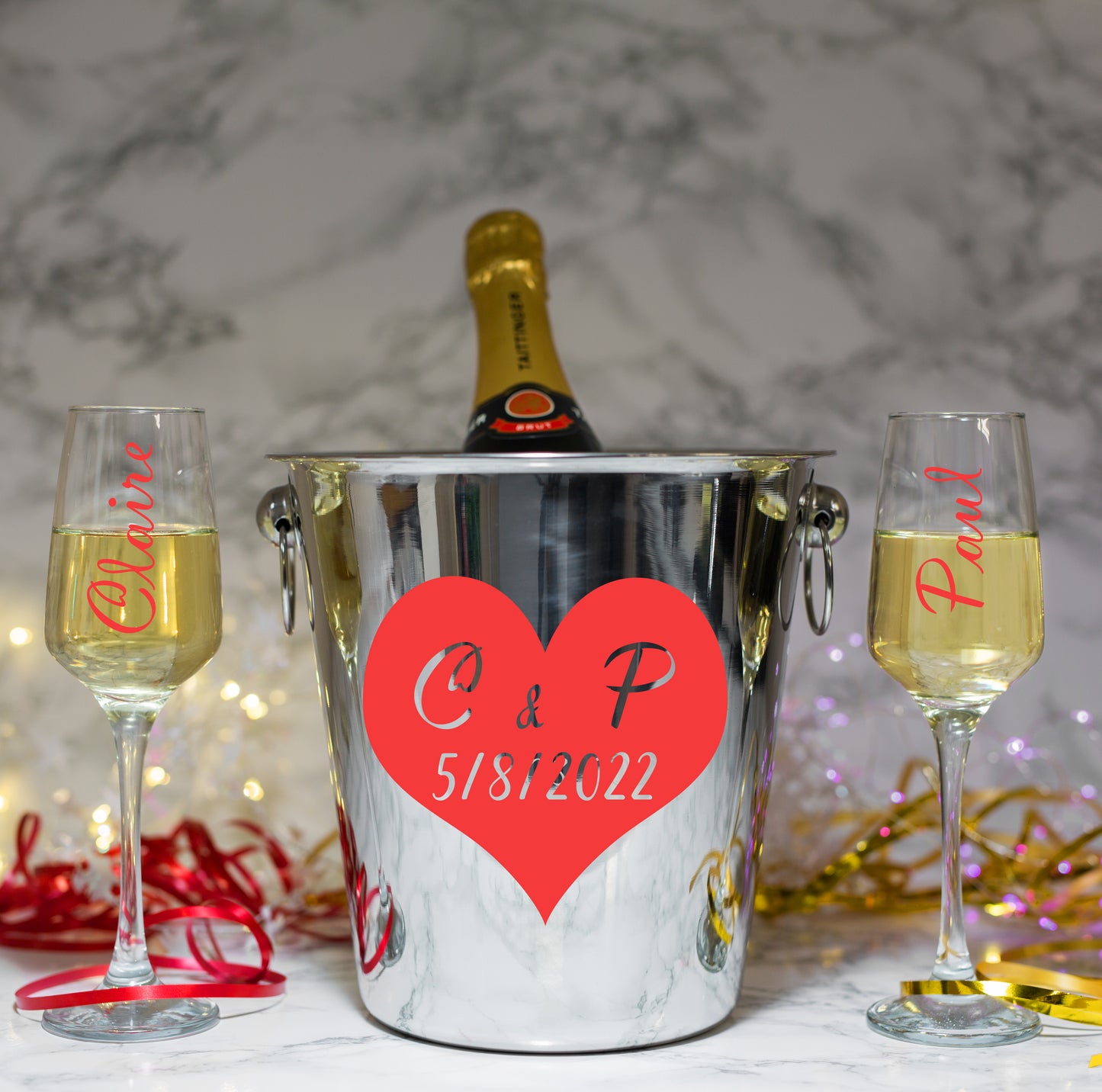 Personalised Heart Design Ice Bucket With Matching Champagne Glasses With Name and Date - Always Looking Good - Glasses and Ice Bucket
