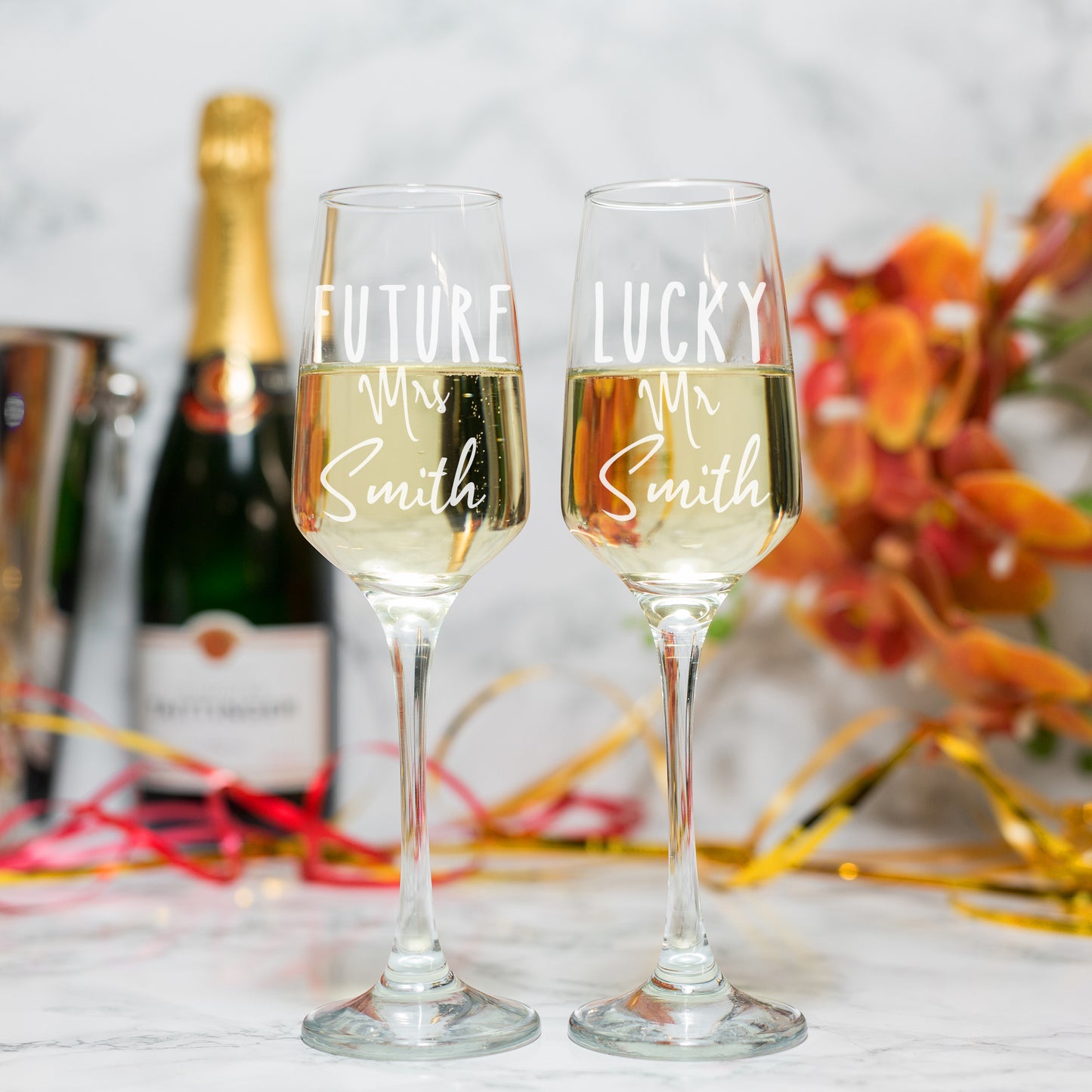 Personalised Engraved Future Mrs/Lucky Mr Champagne Glass Set - Always Looking Good -