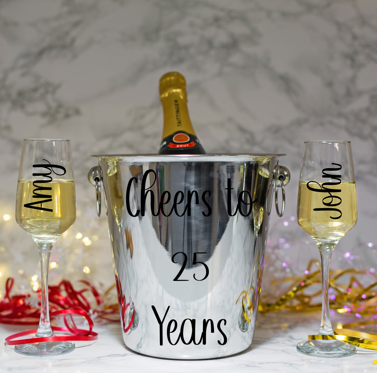 Silver Wedding Anniversary Gift - Personalised Champagne Glasses With Ice Bucket - Always Looking Good -