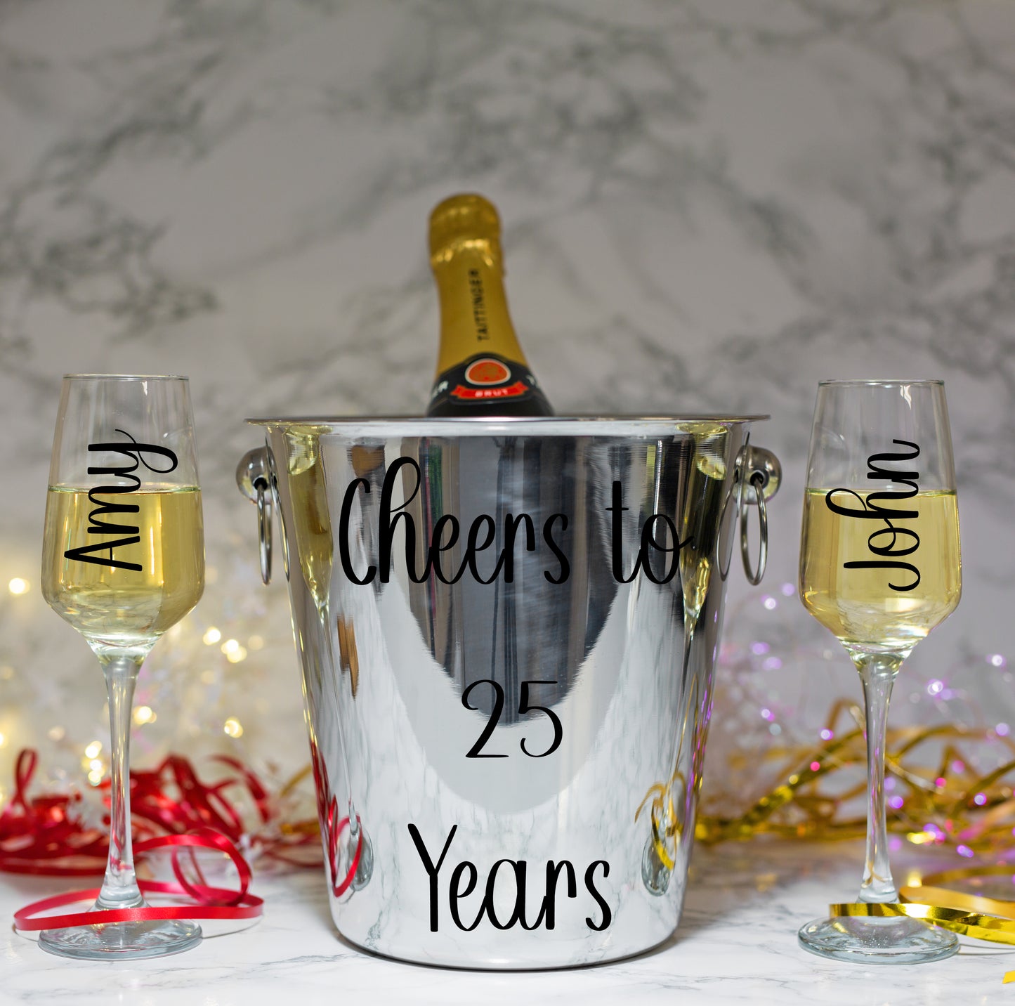 Silver Wedding Anniversary Gift - Personalised Champagne Glasses With Ice Bucket - Always Looking Good -