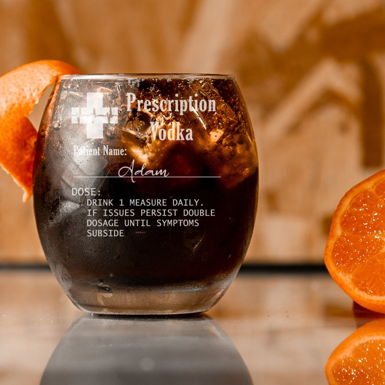 Engraved Prescription Personalised Vodka Glass with any Name - Always Looking Good - Empty Glass Large Tondo