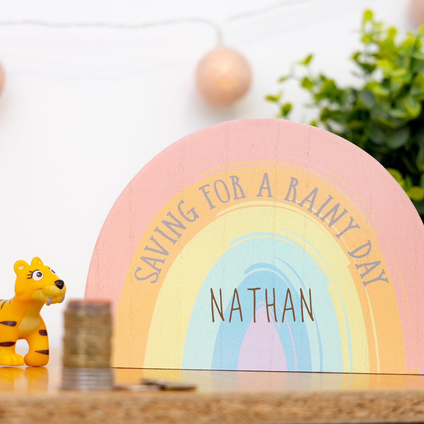 Personalised Engraved Rainbow Shaped Money Box Saving For A Rainy Day Childs Piggy Bank - Always Looking Good -