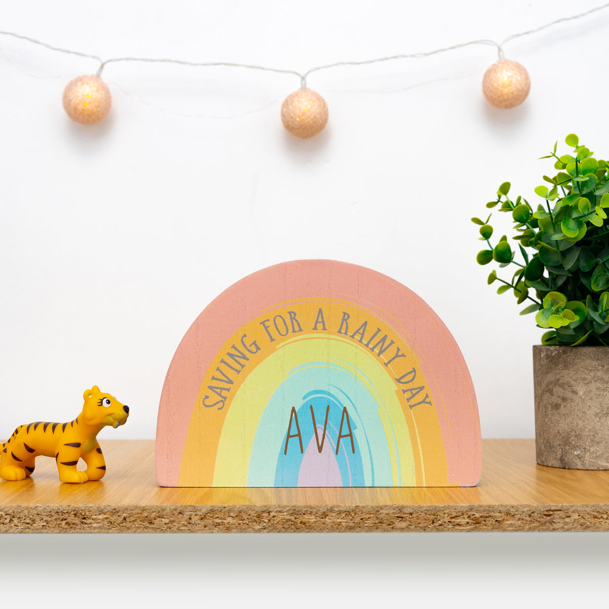 Personalised Engraved Rainbow Shaped Money Box Saving For A Rainy Day Childs Piggy Bank - Always Looking Good -