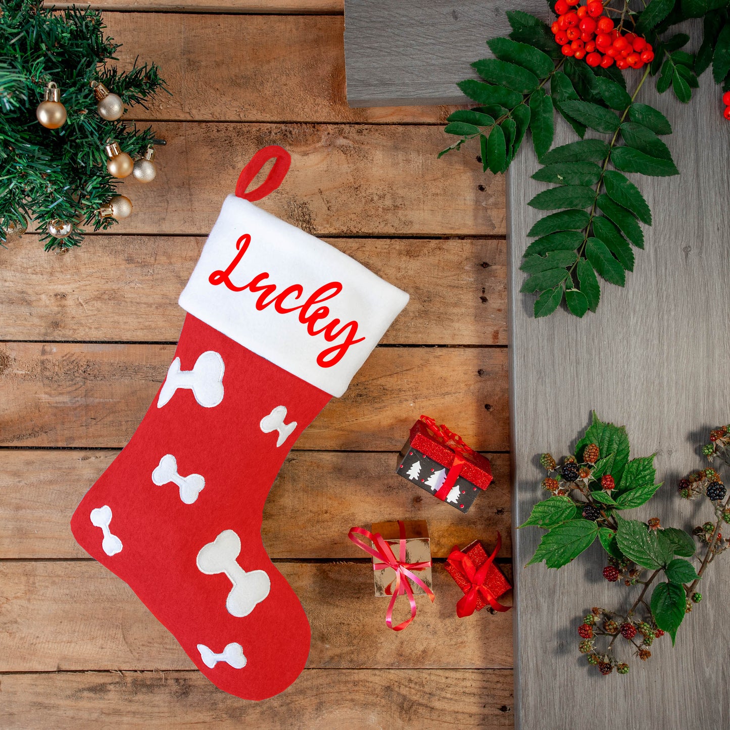 Personalised Embroidered Dog RED or GREY Christmas Stocking - Always Looking Good -