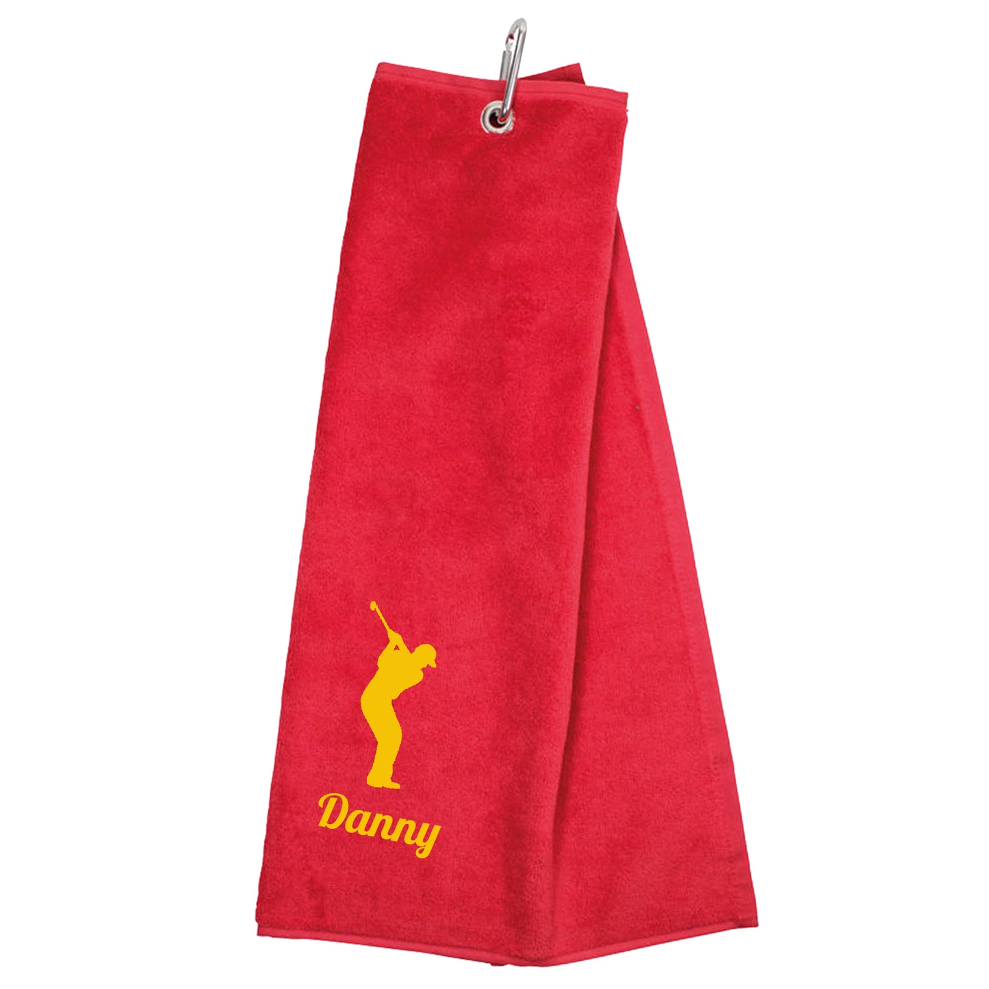 Personalised Embroidered Tri Fold GOLF Towel Trifold Towel with Carabiner Clip - Always Looking Good - Red