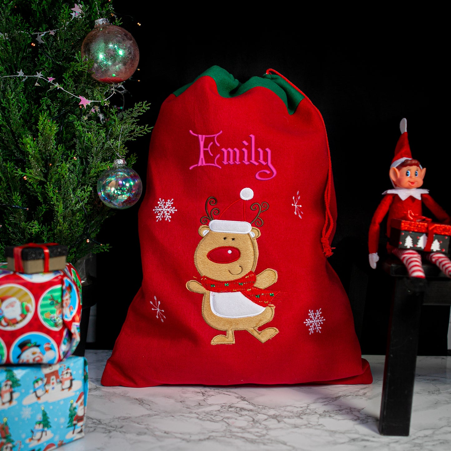 Personalised Embroidered Large Christmas Red Santa Sack and/or Stocking - Always Looking Good - Reindeer Stocking Only