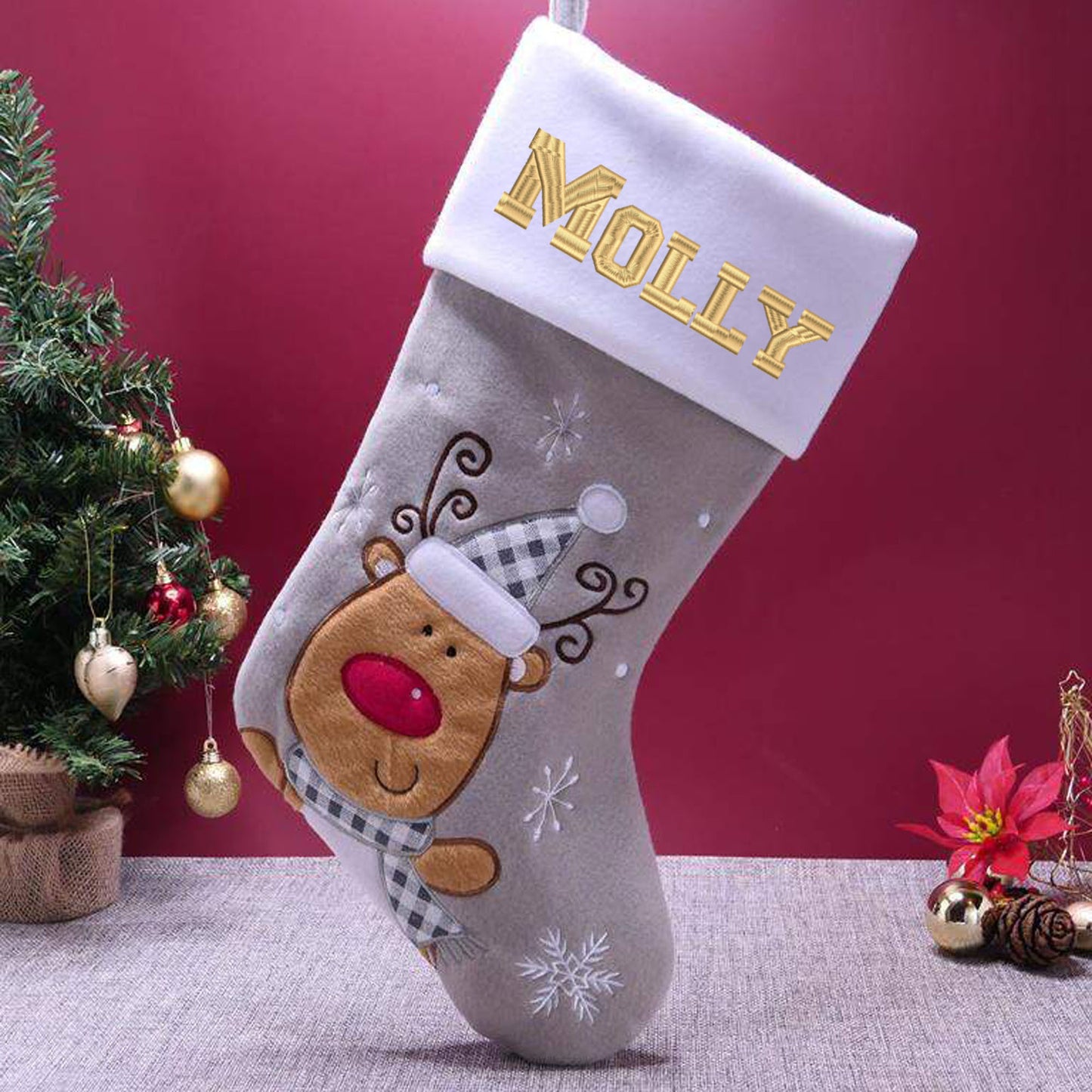 Personalised Embroidered Grey Christmas Santa Stocking with Name - Always Looking Good - Reindeer