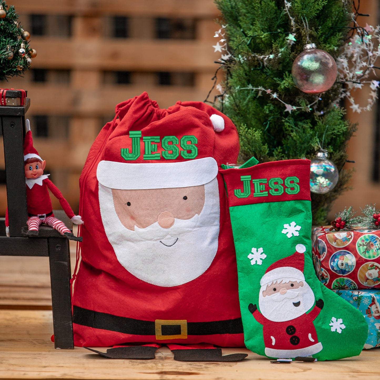 Personalised Embroidered Santa Christmas Stocking and Present Sack Set - Always Looking Good -