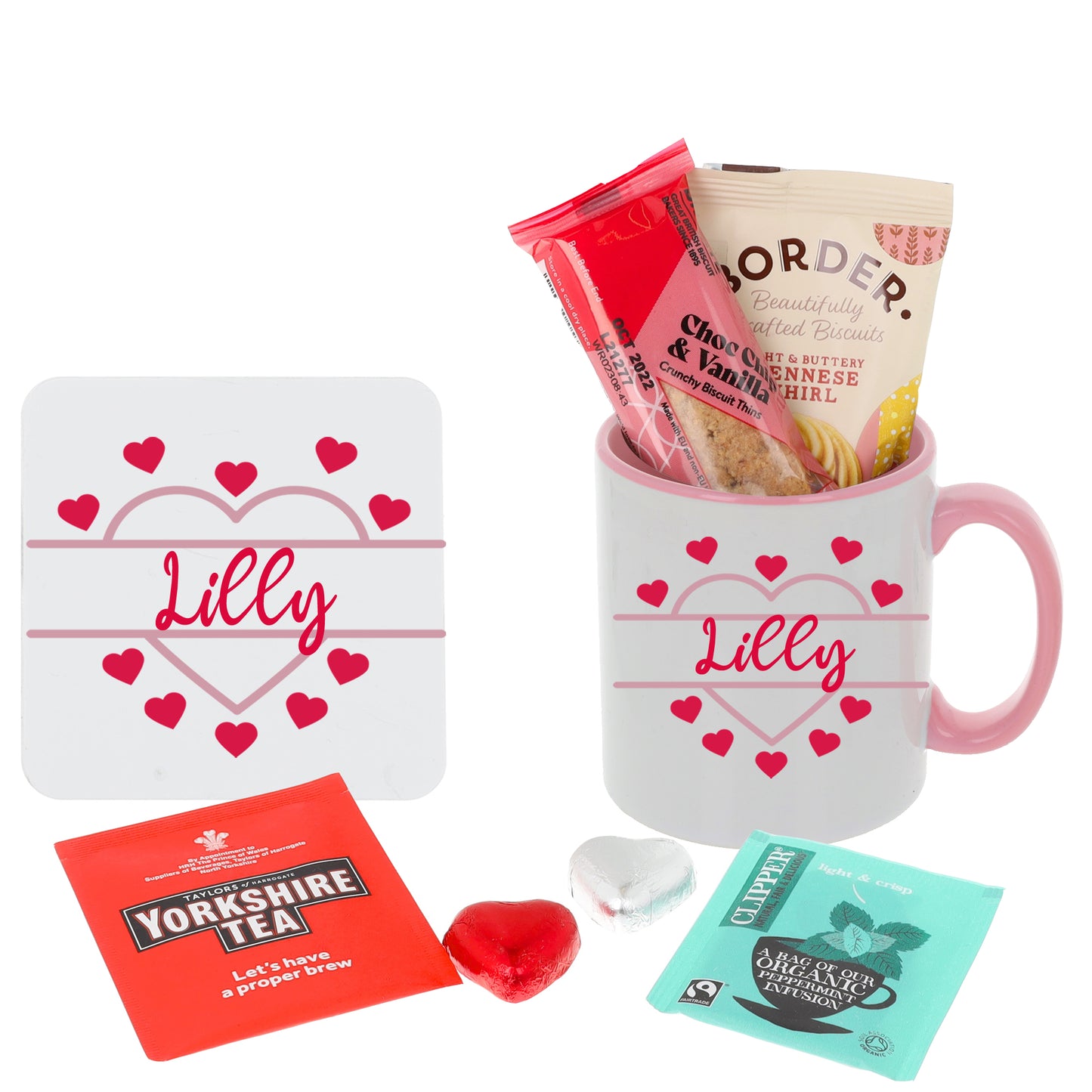 Personalised Pink Heart Design Mug and Coaster with Treats - Always Looking Good - Tea Filled Set