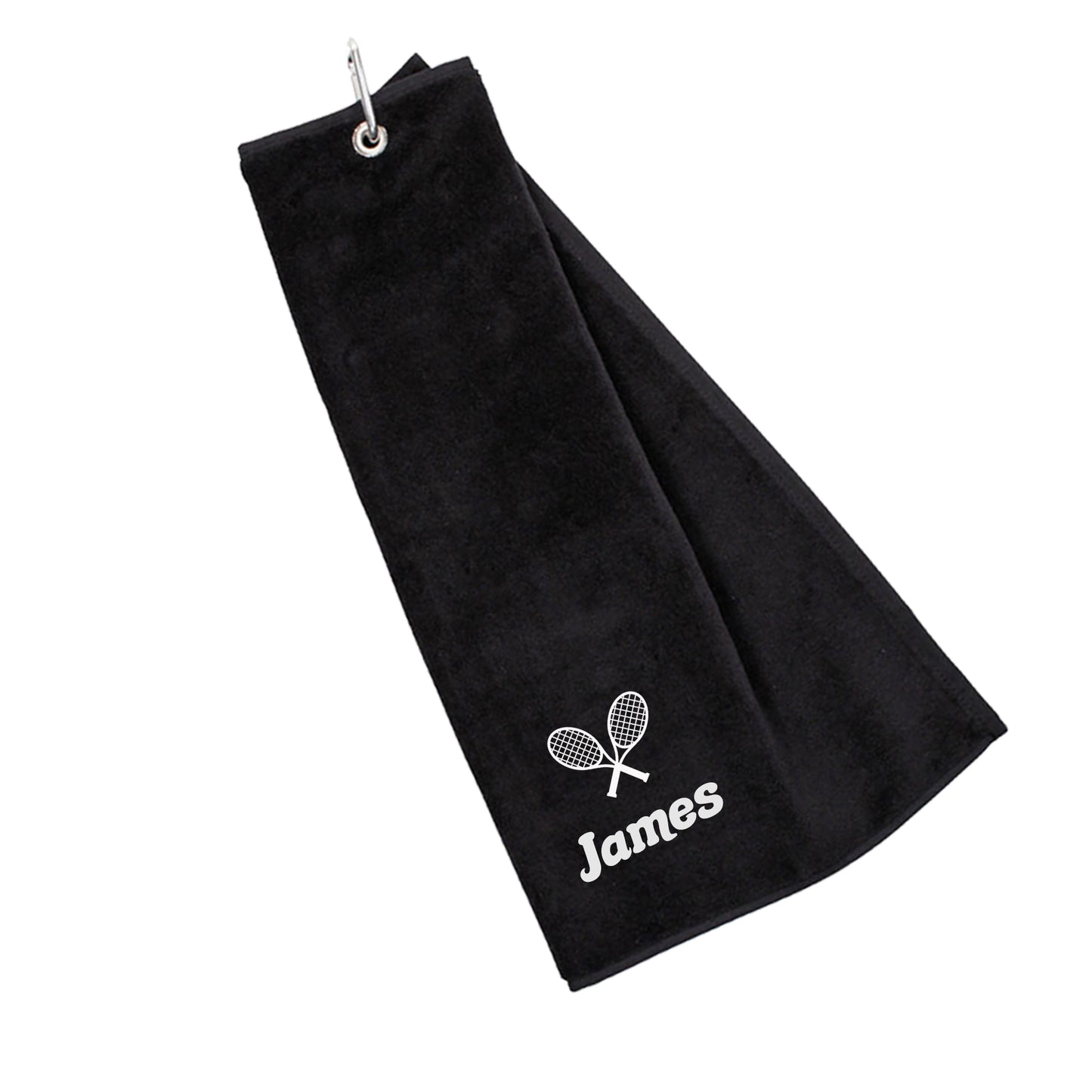 Personalised Embroidered Tri Fold TENNIS Towel Trifold with Carabiner Clip - Always Looking Good - Black