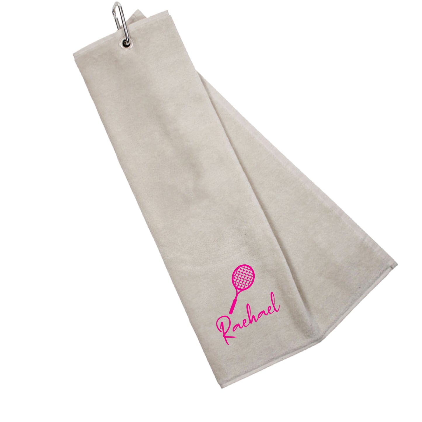 Personalised Embroidered Tri Fold TENNIS Towel Trifold with Carabiner Clip - Always Looking Good - White