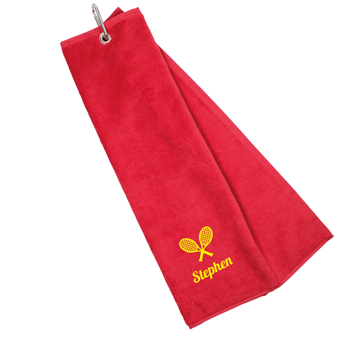 Personalised Embroidered Tri Fold TENNIS Towel Trifold with Carabiner Clip - Always Looking Good - Red