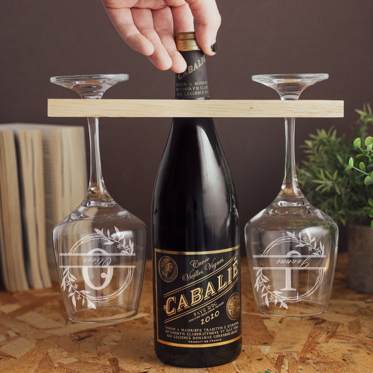 Engraved Personalised Wooden 2 Wine Glass Butler Caddy With Names - Always Looking Good -