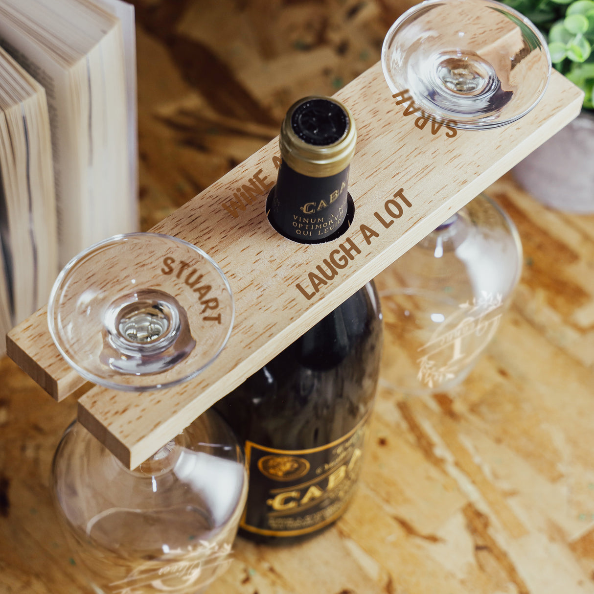 "Wine A Little, Laugh A Lot" Engraved Wine Holder Butler Caddy With 2 Glasses - Always Looking Good -