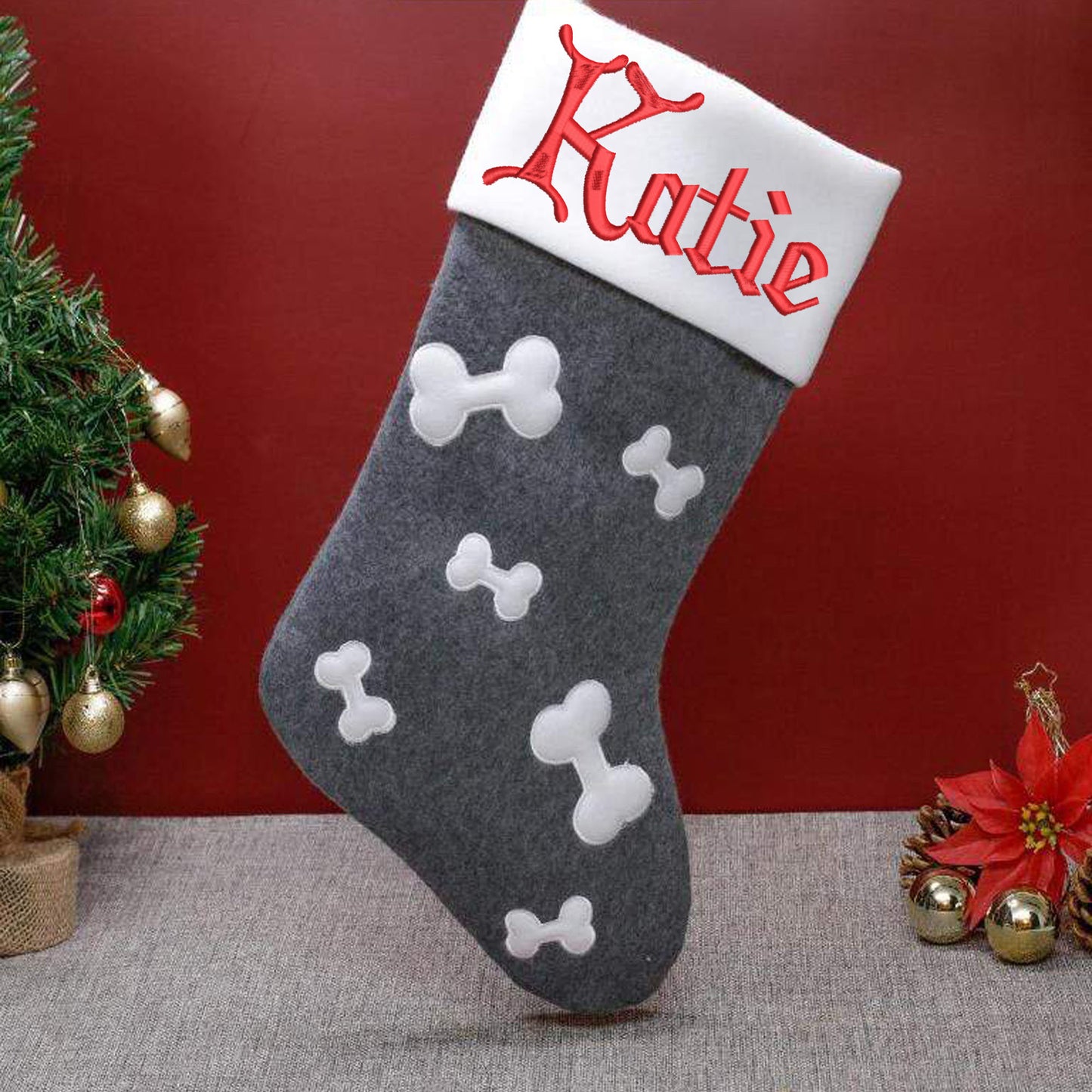 Personalised Embroidered Dog RED or GREY Christmas Stocking - Always Looking Good -