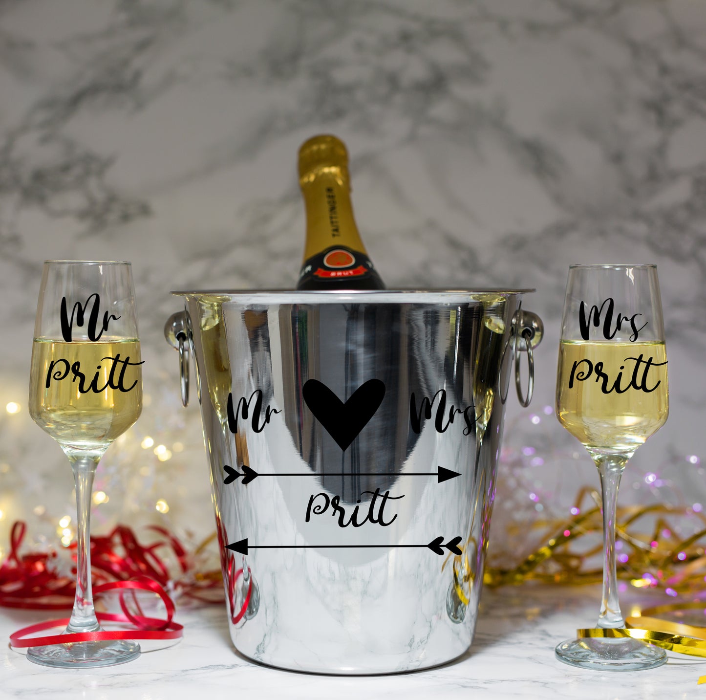 Personalised Mr & Mrs/ Mr & Mr / Mrs & Mrs Ice Bucket With matching Champagne Glasses - Always Looking Good -