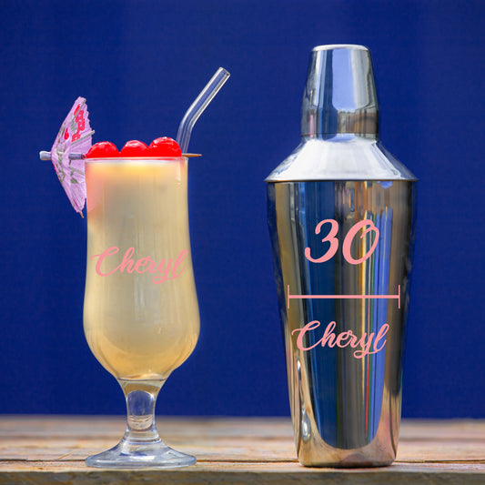 Personalised 30th Birthday Cocktail Shaker & Pina Colada Glass Gift Set - Always Looking Good -