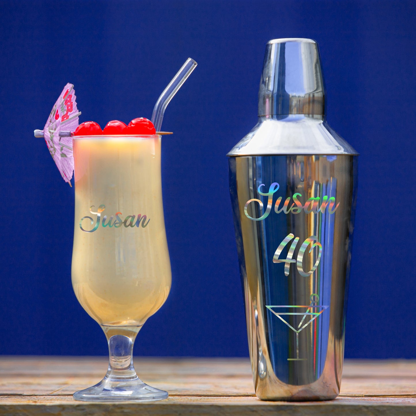 Personalised 40th Birthday Cocktail Shaker & Pina Colada Glass Gift Set - Always Looking Good -